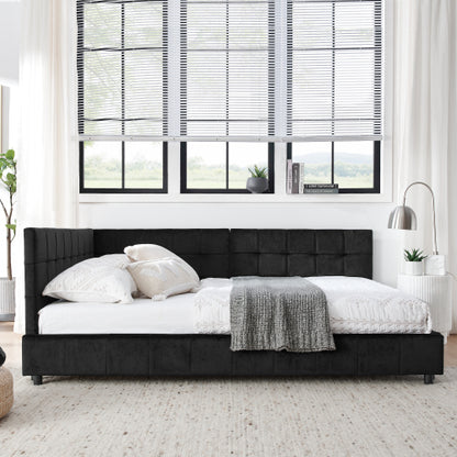 Full Size Upholstered Tufted  Bed Frame, Sofa Bed Frame with Comfortable Backrest and Armrests, Full Size Bed for Bedroom, Living Room,Velvet, Black(80.5inch *59inch *30.5inch )