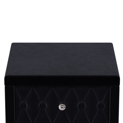 Elegant Velvet Nightstand with 2 Drawers and Crystal Handle, Storage Bedside Table with Button-Tufted, Black