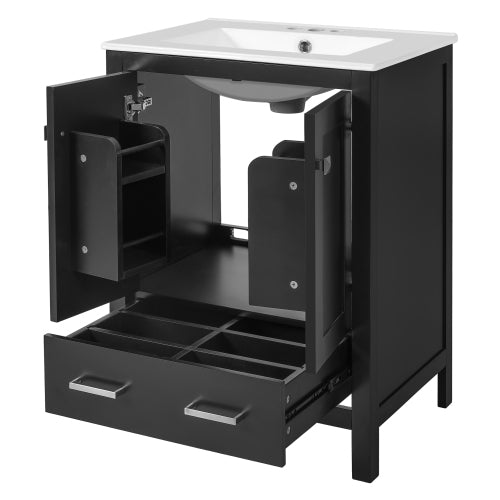 24-inch bathroom vanity with integrated undermount basin and a storage cabinet featuring 2 doors and 1 drawer. Includes double-layer door shelf, soft-close design, and versatile storage solutions