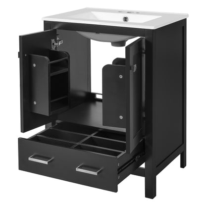24-inch bathroom vanity with integrated undermount basin and a storage cabinet featuring 2 doors and 1 drawer. Includes double-layer door shelf, soft-close design, and versatile storage solutions