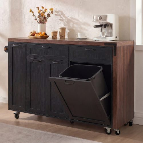 102 Inch Kitchen Island with Extendable Dining Table & Trash Storage Black