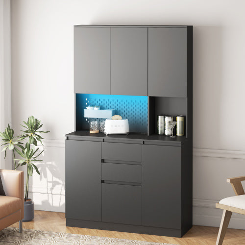 74 Inch Kitchen Pantry Cabinet with Hutch Drawers and Charging Station Black