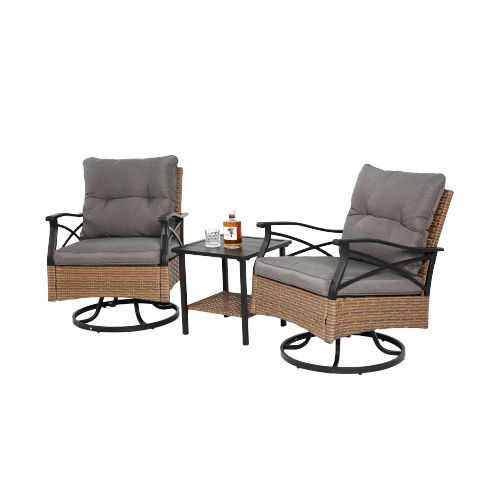 Outdoor Swivel Rocker Chairs Set 3 Piece with 1 Table and 2 Rocking & Swivel Chairs Support 350lbs Brown Wicker Outdoor Furniture Patio Conversation Set