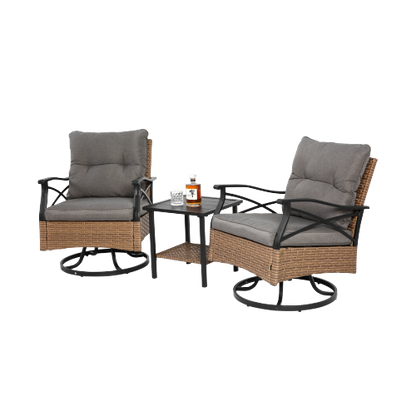 Outdoor Swivel Rocker Chairs Set 3 Piece with 1 Table and 2 Rocking & Swivel Chairs Support 350lbs Brown Wicker Outdoor Furniture Patio Conversation Set