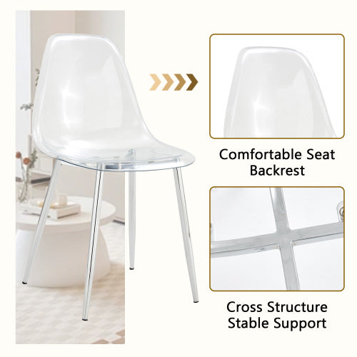 5-Piece Marble Glass Dining Set, Double-Layer Table & 4 Transparent Plastic Chairs with Silver Legs