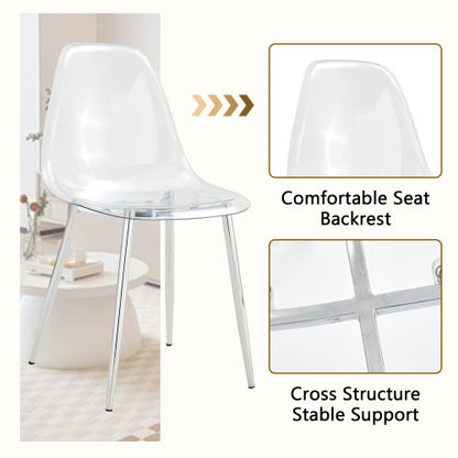 5-Piece Marble Glass Dining Set, Double-Layer Table & 4 Transparent Plastic Chairs with Silver Legs