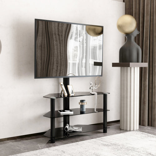 35.4 Inch Black 3-Tier Tempered Glass TV Stand, Swivel Height Adjustable Bracket for 32-65 Inch TV