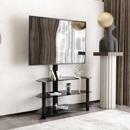 35.4 Inch Black 3-Tier Tempered Glass TV Stand, Swivel Height Adjustable Bracket for 32-65 Inch TV