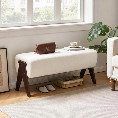 Cream Chenille Upholstered Ottoman Bench, Solid Wood V-Shaped Leg Entryway Shoe Bench for Bedroom & Foyer