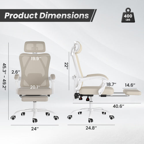 Ergonomic Office Chair with Footrest, Mesh Office Desk Chair with Headrest, High Back Computer Chair with Adjustable Lumbar Support for Home Office Study Room Bedroom, White & Kakhi