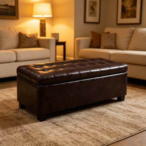 49.75 inch Brown Synthetic Leather Tufted Storage Ottoman Bench, 300 LBS Wooden Leg Entryway Footrest with Safety Hinge