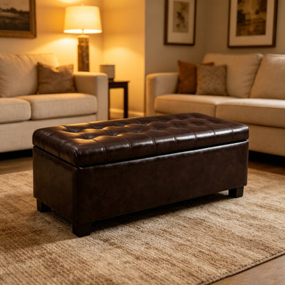 49.75 inch Brown Synthetic Leather Tufted Storage Ottoman Bench, 300 LBS Wooden Leg Entryway Footrest with Safety Hinge