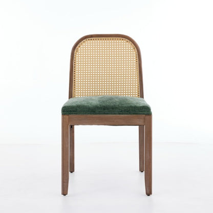 Set of 2 Green Curved Arched Cane Back Farmhouse Dining Chairs, Distressed Solid Wood Frame S-Spring Chenille Cushion