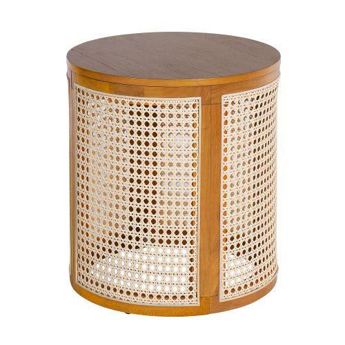Ochre Round Rattan End Table, 15.7 Inch Woven Side Table with Rubber Wood Top, Small Accent Table for Bedroom Living Room