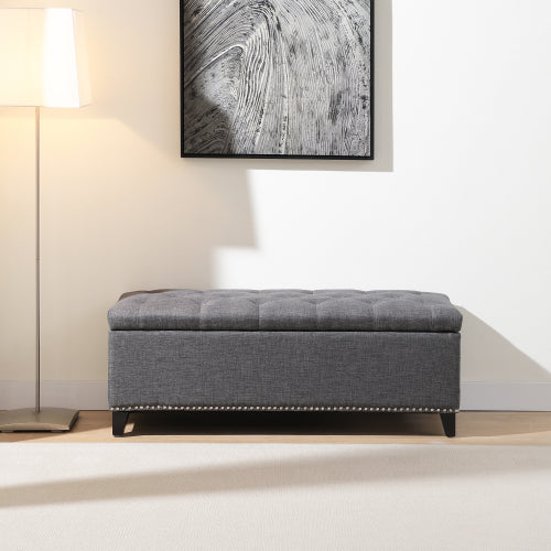 47.5inch  Storage Ottoman, Storage Bench with Safety Close Hinge, Linen Button-Tufted Ottoman for Living Room, Entryway, Hallway, Foot Rest, Support 500lbs - Dark Grey