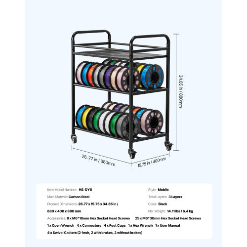 3 Tier Filament Storage Rack 3D Printer Spool Holder with Wheels 60 Spool Capacity
