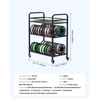 3 Tier Filament Storage Rack 3D Printer Spool Holder with Wheels 60 Spool Capacity
