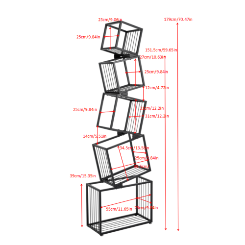 Black 5-Tier Geometric Metal Bookshelf Modern Slanted Design Space-Saving Living Room Office Storage Rack