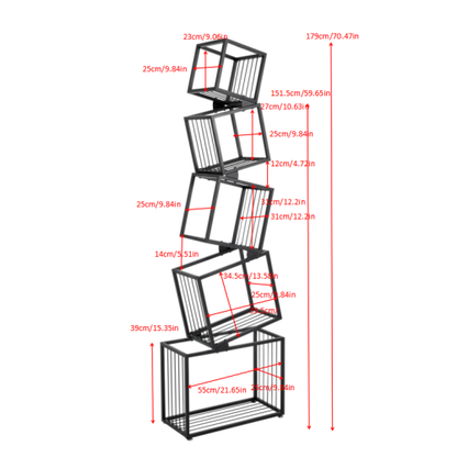 Black 5-Tier Geometric Metal Bookshelf Modern Slanted Design Space-Saving Living Room Office Storage Rack