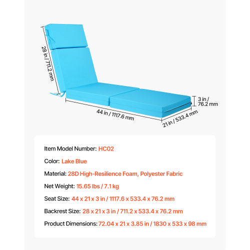 Set of 2 Outdoor Chaise Lounge Chair Cushions 72 x 21 in Waterproof Thick