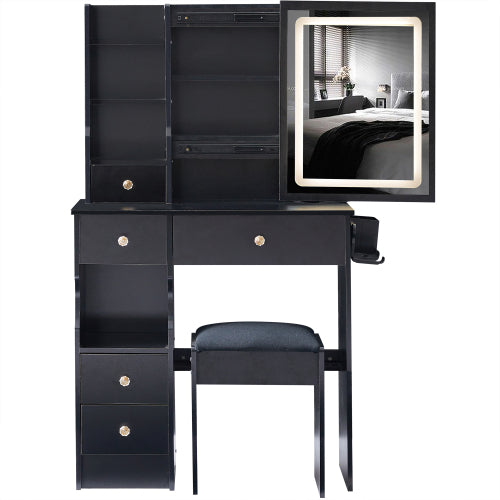 29.2" Small Size Left Drawer Desktop Vanity Table + Cushioned Stool, 2 AC+2 USB Power Station, Hair dryer bracket, Extra Large Touch Control Sliding LED Mirror, Tri-color Switching, Brightness Adjust