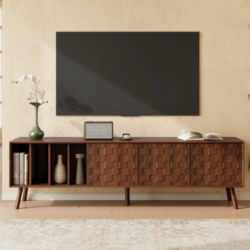 68 inch Mid-Century Modern TV Stand with Solid Wood Legs, Storage Cabinets & Open Shelves