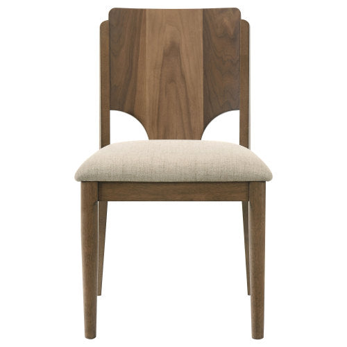 Set of 2 Walnut Finish Dining Side Chairs, Wood Frame Chairs with Wedge Cutout Back & Beige Fabric