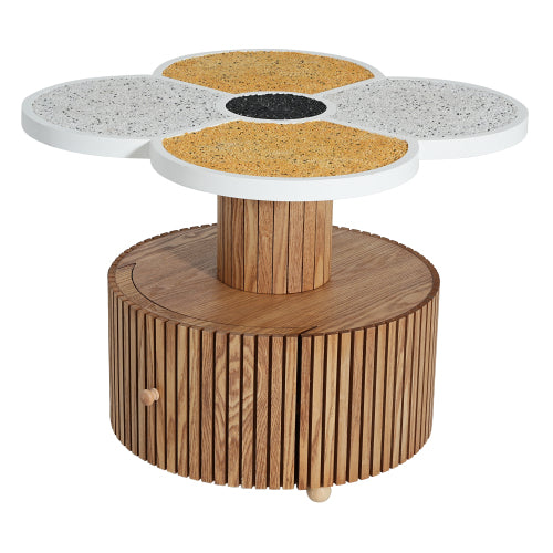 Four-Leaf Clover Side Table with Drawer, Stone Texture Top Wood-Grain Base Accent Table