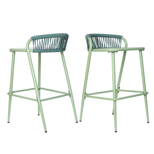 Outdoor 29" Seat Height Aluminum Frame Barstools with Rope-woven Scallop-shaped Backrest, Set of 2, Sage