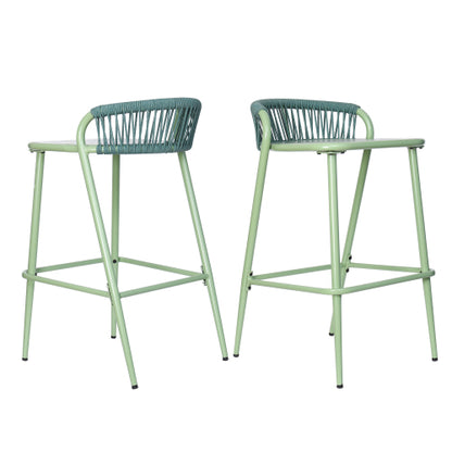 Outdoor 29" Seat Height Aluminum Frame Barstools with Rope-woven Scallop-shaped Backrest, Set of 2, Sage