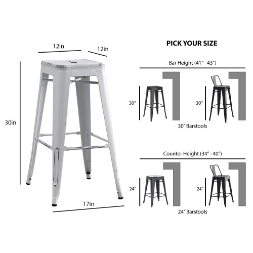 Backless Modern Light Weight Industrial Contemporary Rustic Vintage Costal Metal Bar Stools Without Back and 4 Leg Design (Set of 2) (30inch Seat, Distressed White)
