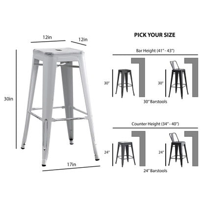 Backless Modern Light Weight Industrial Contemporary Rustic Vintage Costal Metal Bar Stools Without Back and 4 Leg Design (Set of 2) (30inch Seat, Distressed White)