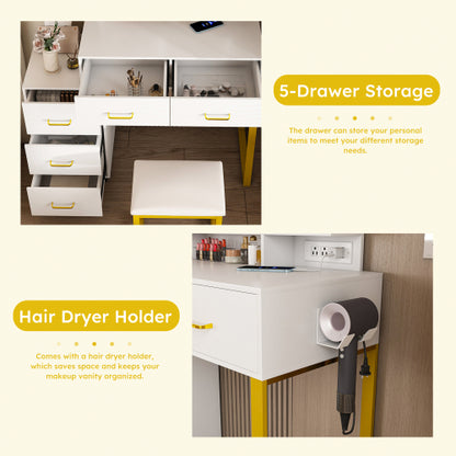 Makeup Vanity with LED Lights&3 Color and Power Outlet Makeup Vanity Table with 5 Drawers with Sturdy Metal Leg and Metal Chair Dressing Table for Bedroom Dressing Room (White)