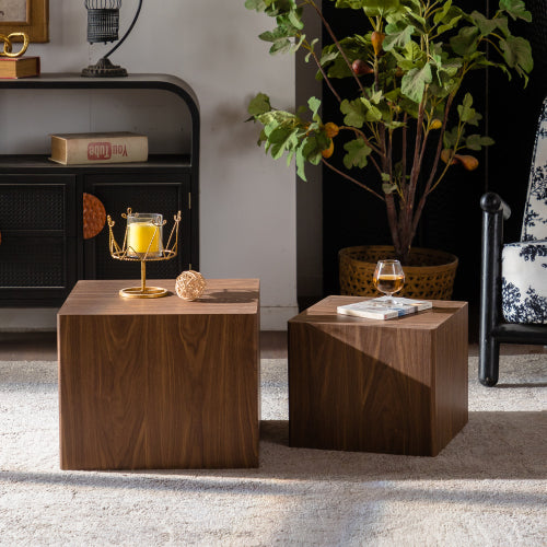 2-Piece Walnut Nesting Cube Coffee Table Set, MDF Wood Grain Side Tables Fully Assembled for Small Spaces