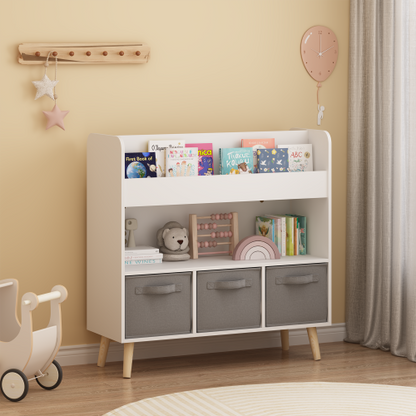 White Gray Kids Bookshelf With 3 Removable Fabric Bins Toy Book Organizer