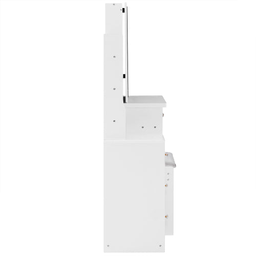 29.2" Small Size Left Bedside Cabinet Vanity Table + Cushioned Stool, 2 AC+2 USB Power Station, Hair dryer bracket, Extra Large Touch Control Sliding LED Mirror, Tri-color Switching, Brightness Adjust