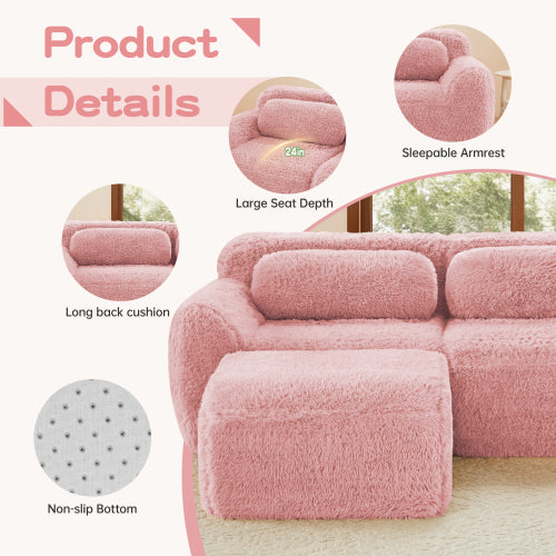 Pink 2-Seater Plush Modular Sofa,32D Sponge,Throw Pillows,No Assembly,Anti-Slip Base