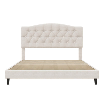 Upholstered Platform Bed with Saddle Curved Adjustable Headboard and Diamond Tufted Details,Wooden Slats and Metal Support, No Box Spring Needed,Queen, Beige
