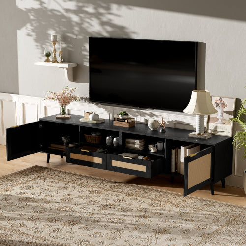 78.74 Inch Farmhouse Rattan TV Stand Solid Wood Leg Media Console Supports 85 Inch TV