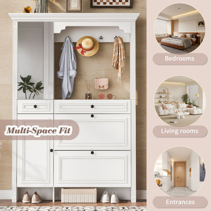 54.7 inch Hall Tree with Integrated Shoe Cabinet and Mirrored Cabinet Door, Coat Hanger, Entryway Bench, 4-in-1 Design, 2 Flip Drawers, 4 Hooks and 2 Cabinets for Entrance,Living Room