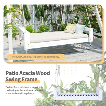 Twin Size Porch Swing Bed Seating Group, Patio Acacia Wood Swing Frame with Hemp Ropes for Garden, Backyard, White