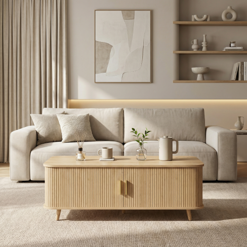 Mid-Century Natural Wood Coffee Table with Tambour Doors & 4 Open Storage Compartments