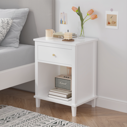 26.77''H Wooden Nightstand with One Drawer One Shelf for Kids, Adults, White+Golden handle