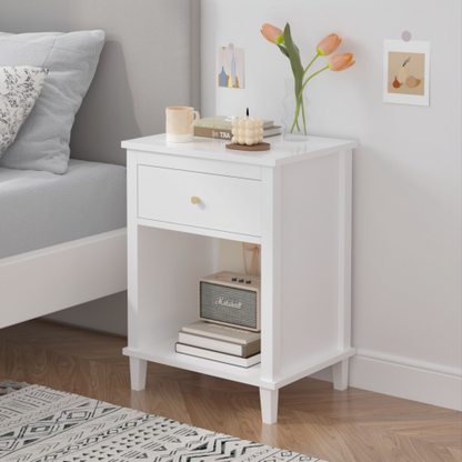 26.77''H Wooden Nightstand with One Drawer One Shelf for Kids, Adults, White+Golden handle