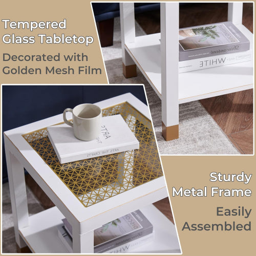 Modern Glass End Table with Metal Frame, 2-Tier Square Side Table for Living Room Bedroom Office, White