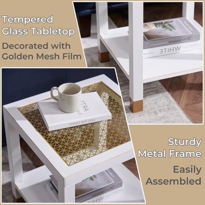 Modern Glass End Table with Metal Frame, 2-Tier Square Side Table for Living Room Bedroom Office, White