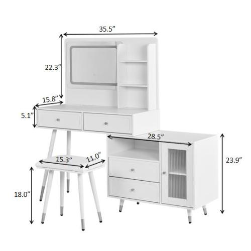 White Expandable Vanity Desk with LED Lighted Mirror, Adjustable Position Side Cabinet, Power Strip & Storage Drawers