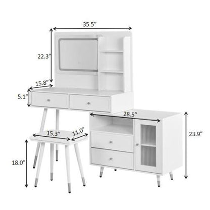 White Expandable Vanity Desk with LED Lighted Mirror, Adjustable Position Side Cabinet, Power Strip & Storage Drawers