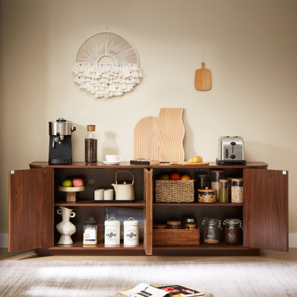 Walnut Wave Pattern Sideboard TV Stand 64 Inch Wide Storage Cabinet with Push to Open Doors