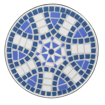 Outdoor Round Side Table with Mosaic-Style Top and Curved Iron Legs, End Table-Blue ,Wihte and Matte Black